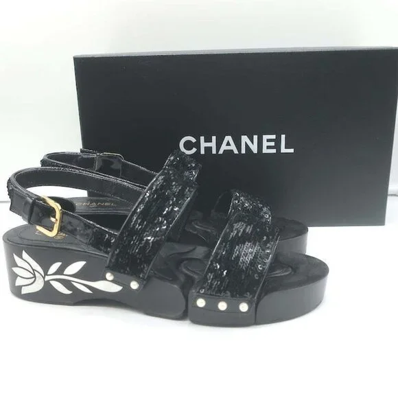 Chanel 16C Sequin Slingback Sandals Black Size 38.5 - Picture 1 of 12
